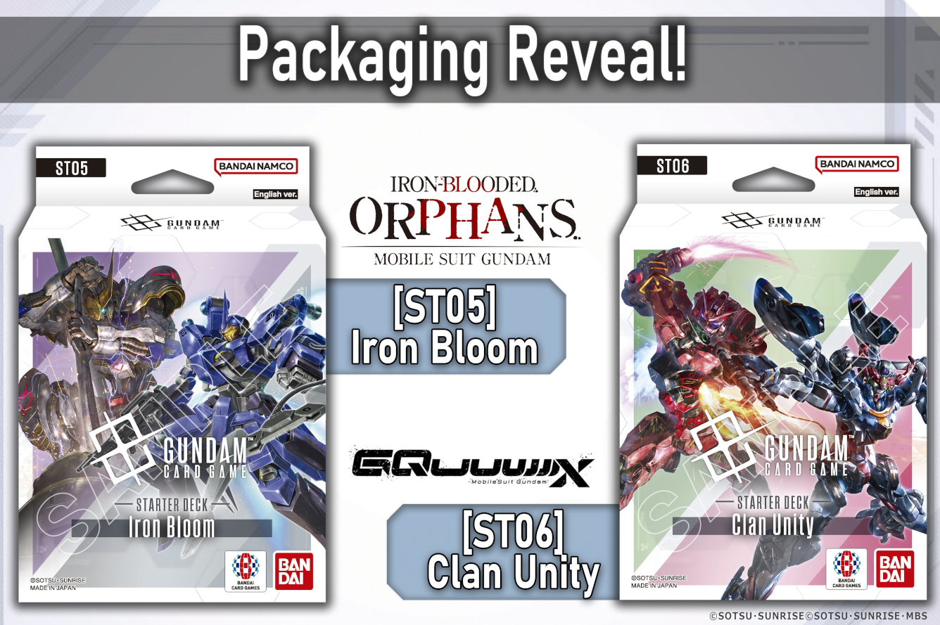 Gundam TCG starter decks ST05 Iron Bloom and ST06 Clan Unity announcement artwork